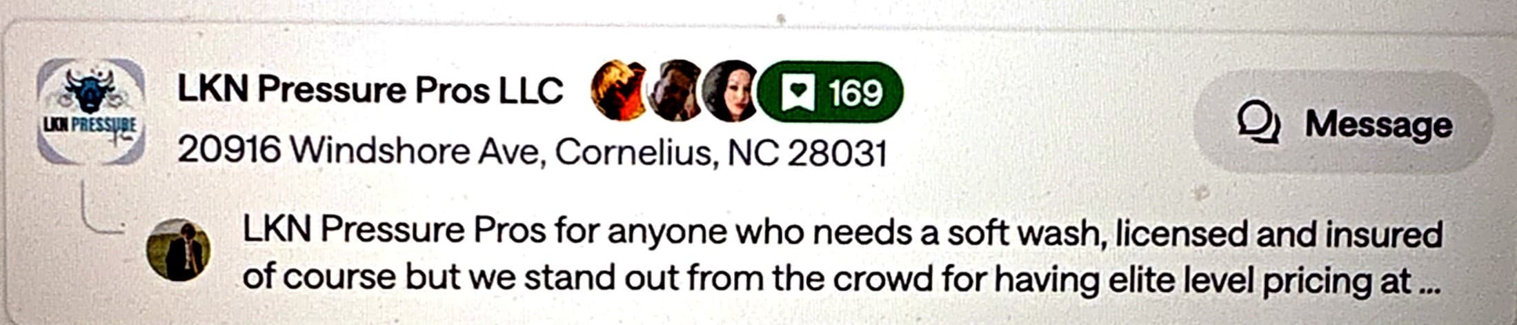 The real LKN Pressure Pros Nextdoor page with 169 neighborhood favorites